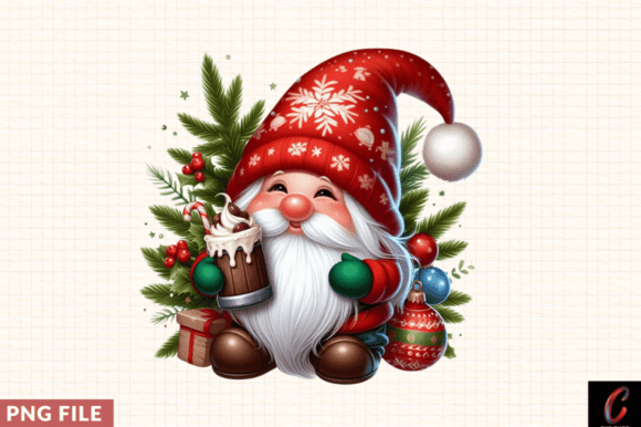 Christmas Gnome Holding Drink Clipart Pn Illustrations