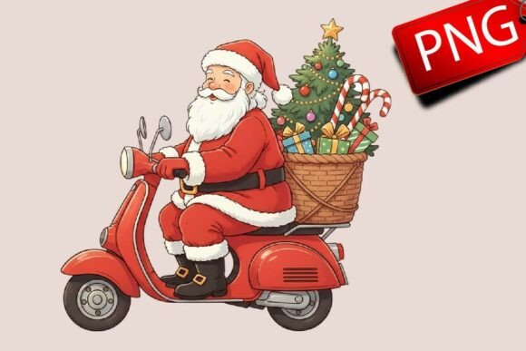 Christmas Santa Scooter Riding Clipart in Illustrations