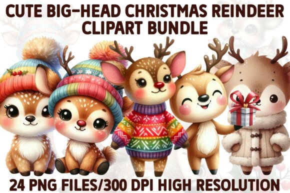 Cute Big-Head Christmas Reindeer Clipart for Illustrations