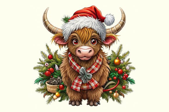 Highland Cow Christmas PNG Sublimation in Illustrations