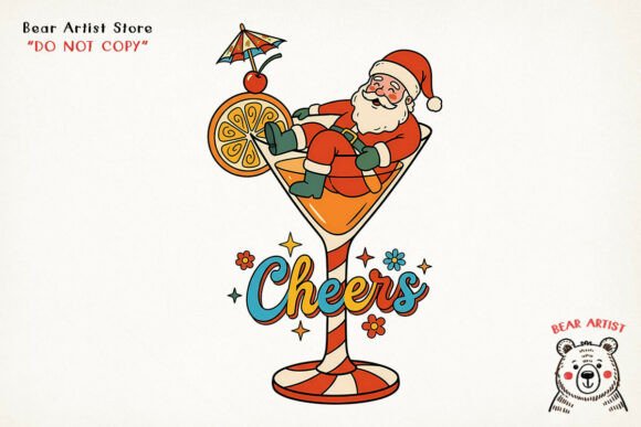 Santa Cheers Cocktail, Christmas Hand-draw Illustrations