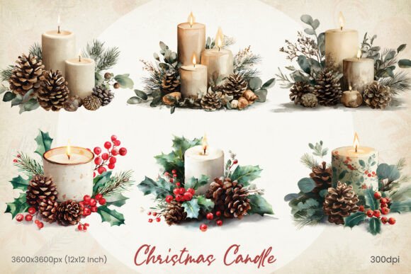 Watercolor Christmas Candle PNG Clipart for Seasonal Illustrations