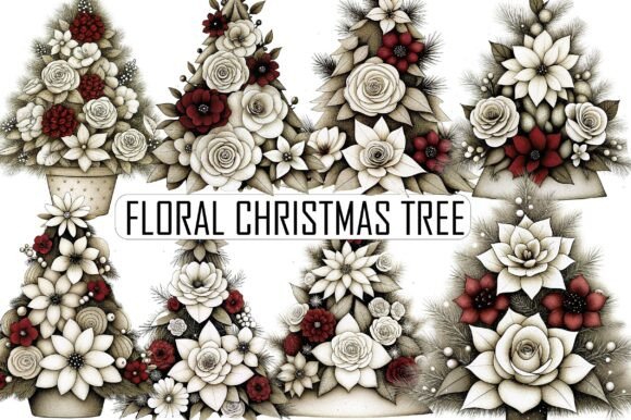 Watercolor Floral Christmas Tree Clipart